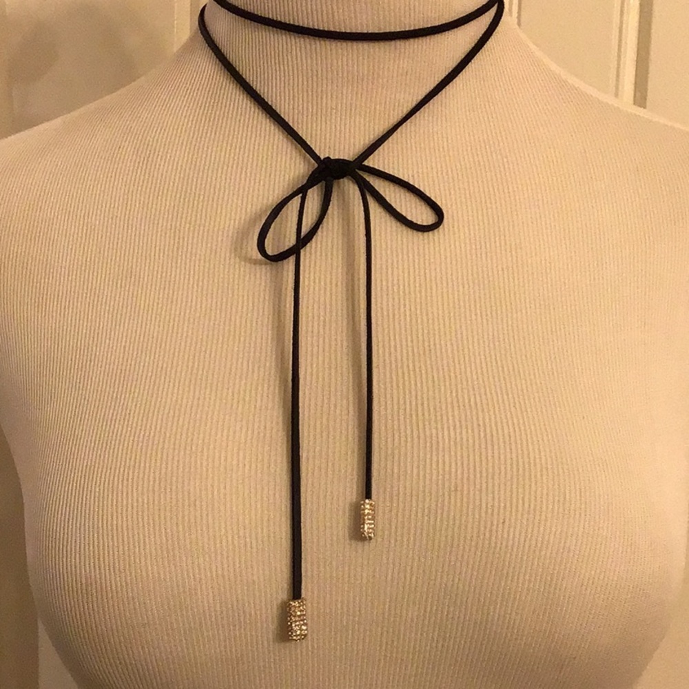 NEW LARIAT LEATHER and CUBIC ZIRCONIA CRYSTAL ENDS NECKLACE - Picture 6 of 13